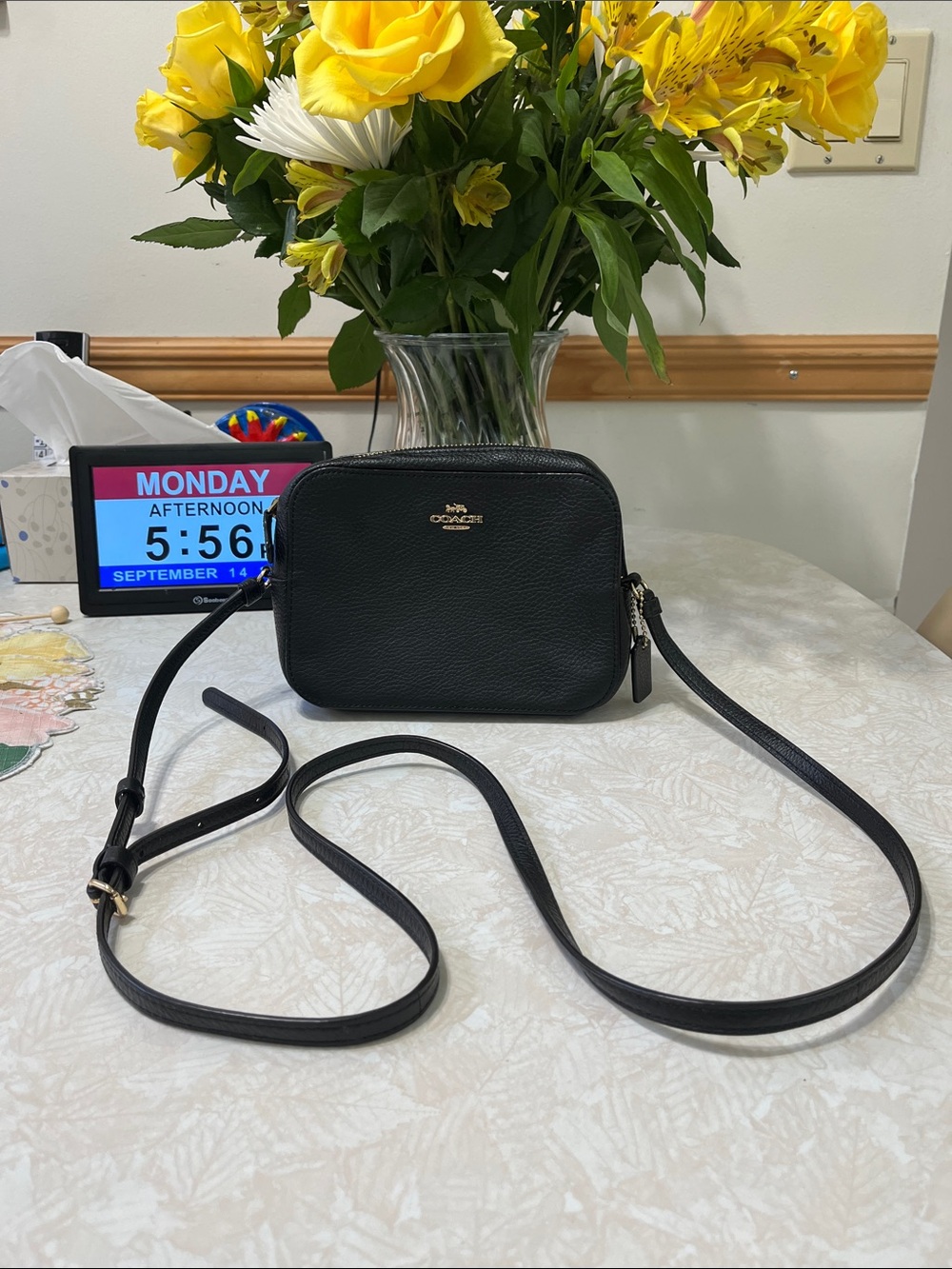 Coach Black Pebbled Leather Camera Crossbody with Gold Logo